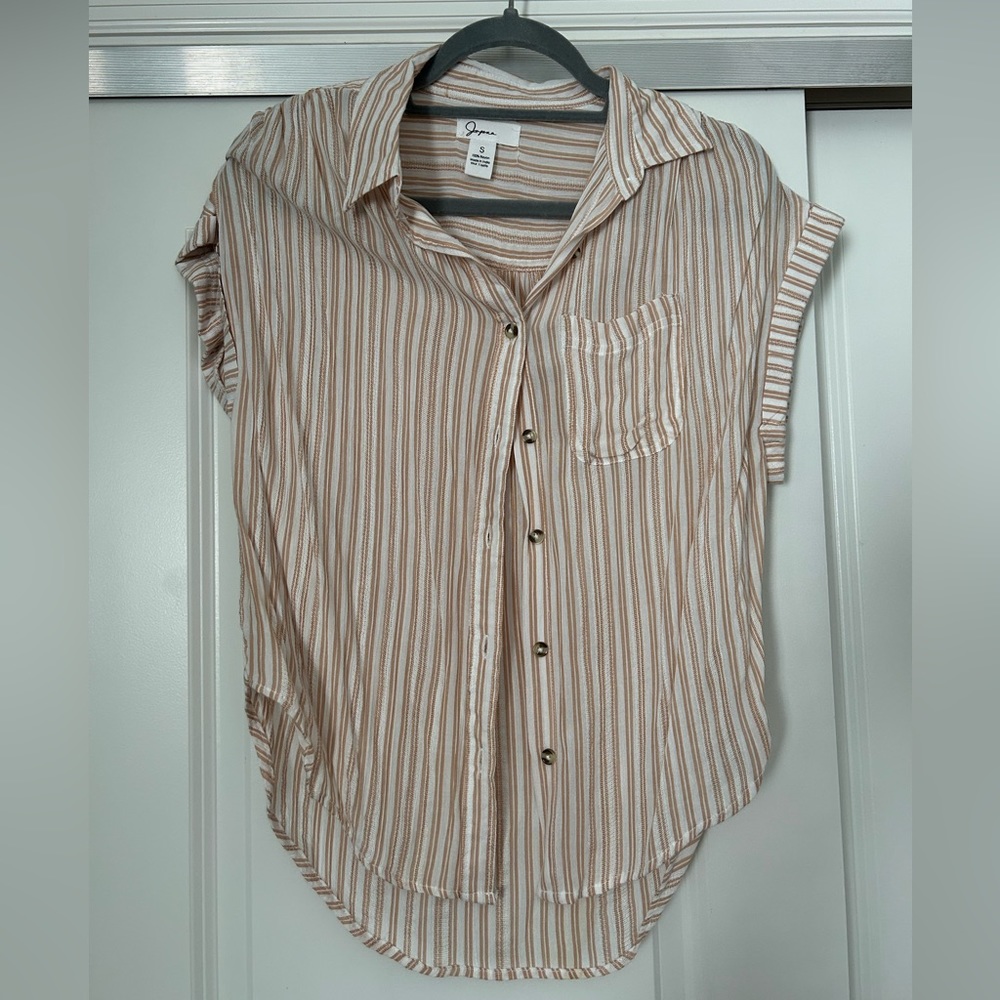 Japan Light Pink/Peach and White Cuff Sleeve Collared Top (S)